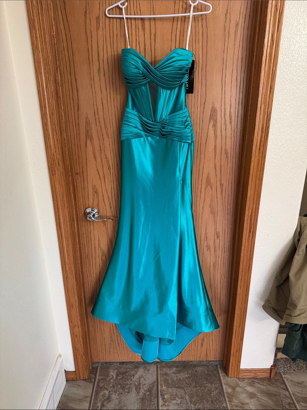 Teal Strapless Prom Dresses with Ruched Bodice